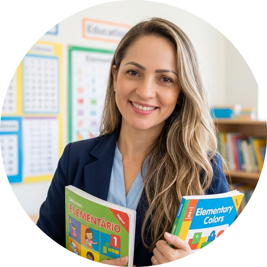Tia Nathaly segurando livros didáticos
